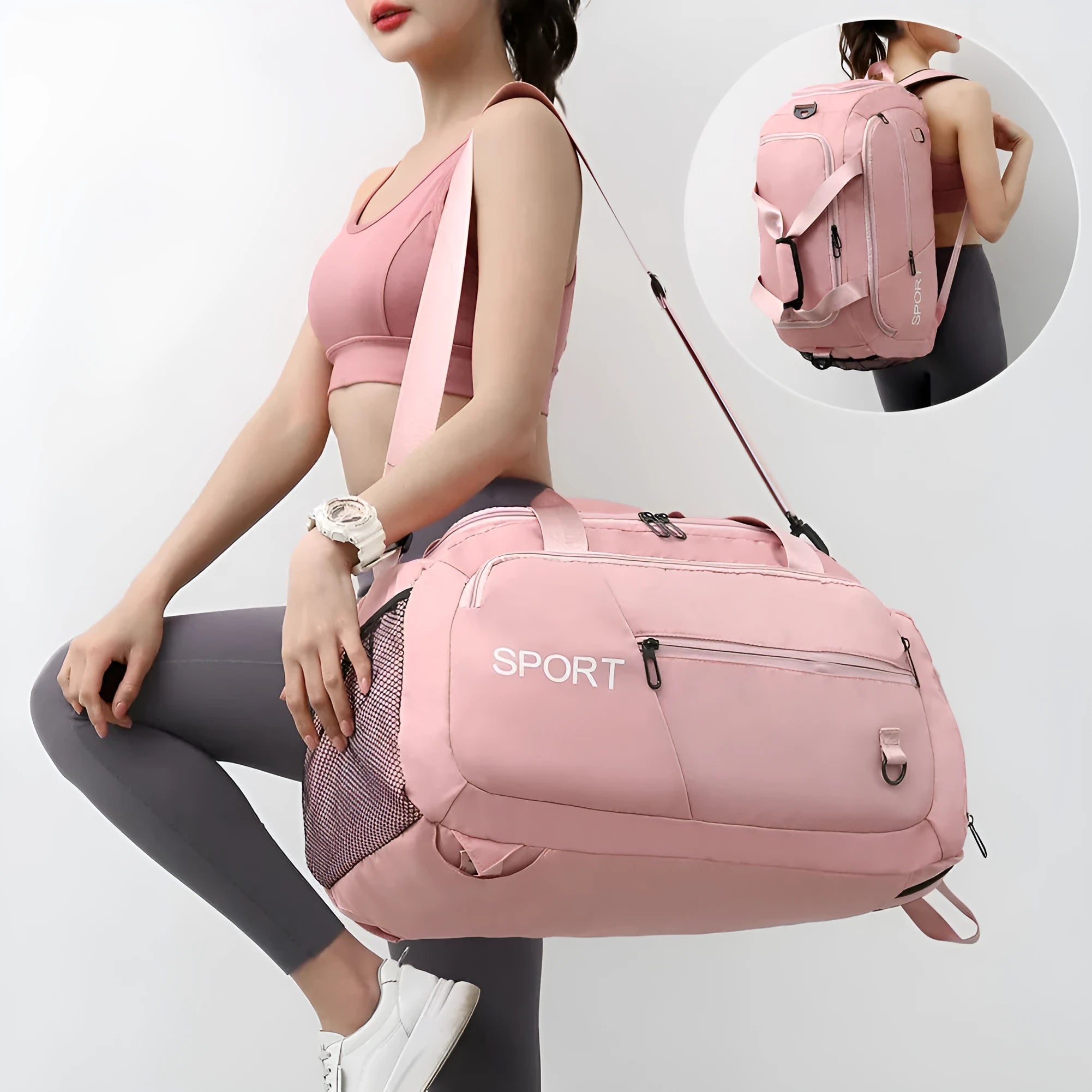Waterproof gym backpack with separate shoes compartment and multiple pockets in light green colour