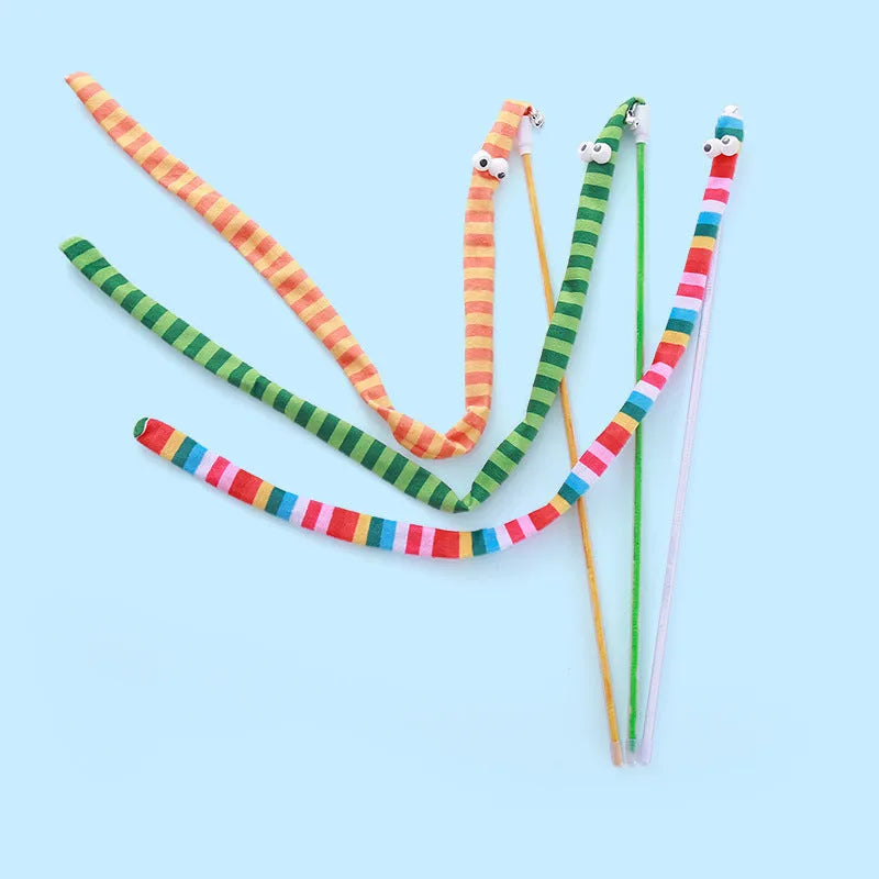 Cat wand toy with colourful plush strip attached to polycarbonate pole