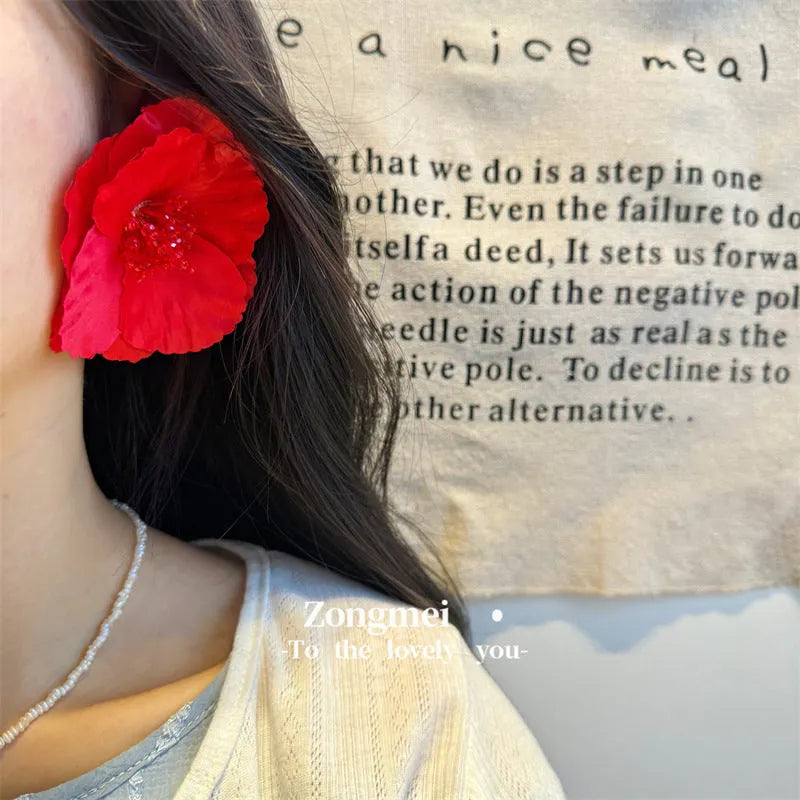 Handmade earrings exaggerated flower shape red steel needle European style women