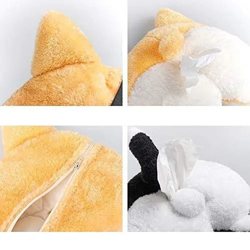 Yellow corgi butt shaped tissue box cover with elastic strap for car visor mounting
