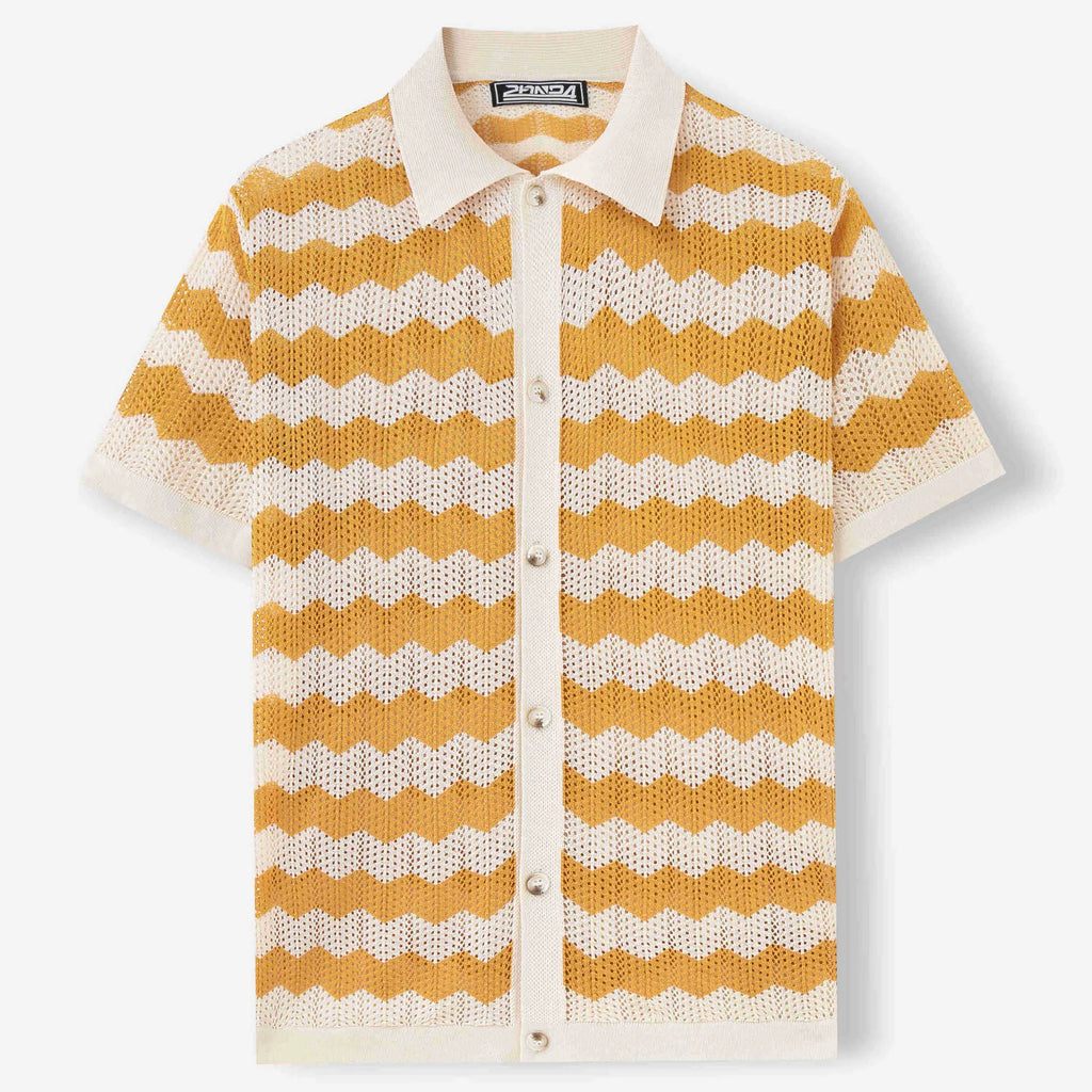 Short sleeve corrugated sweater with jacquard pattern in blue, brown, or yellow colours