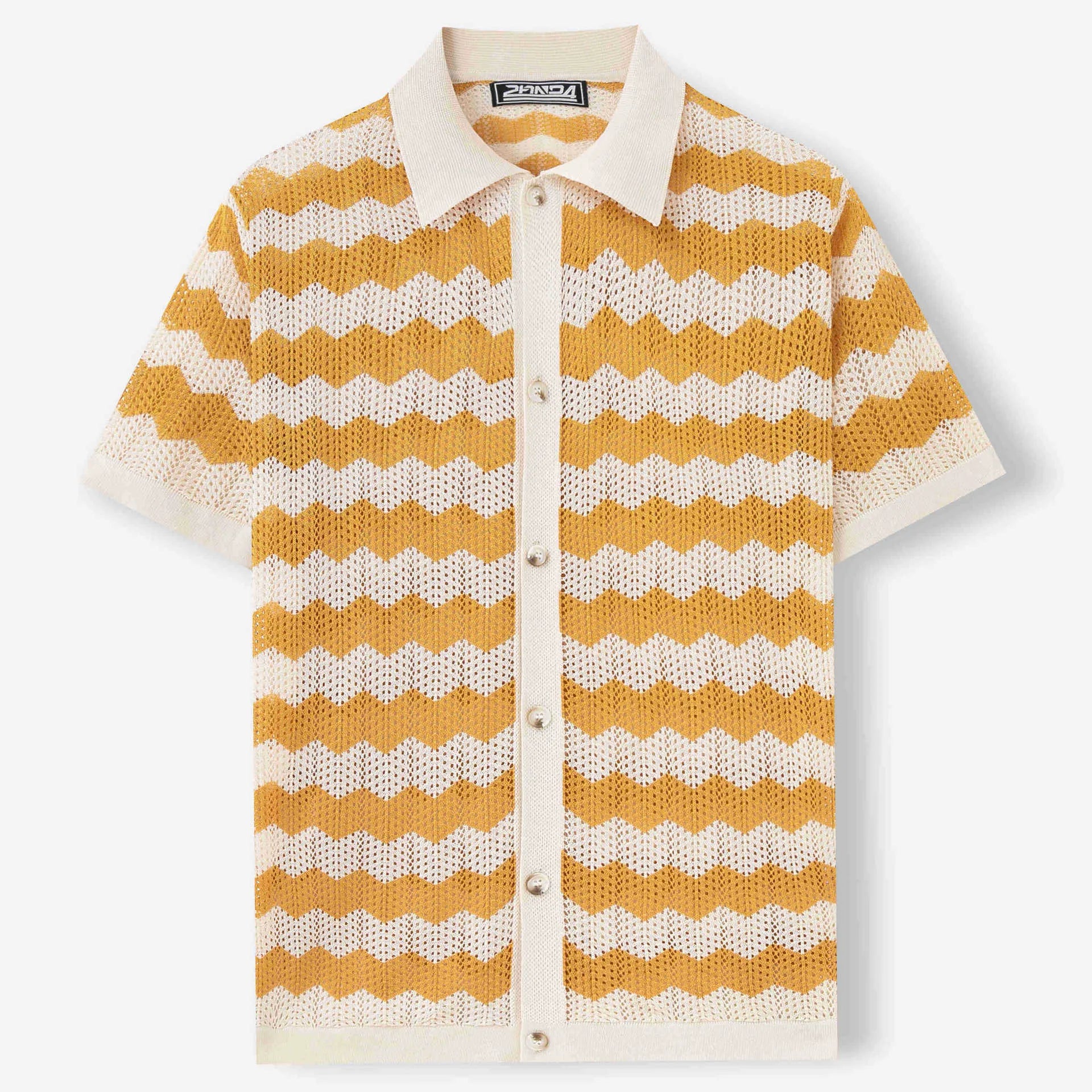 Short sleeve corrugated sweater with jacquard pattern in blue, brown, or yellow colours