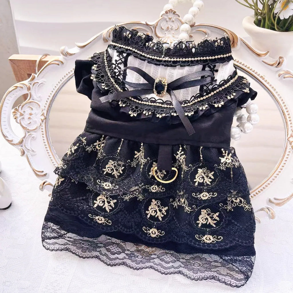 Golden Gothic princess skirt pet dress for dogs and cats with size chart