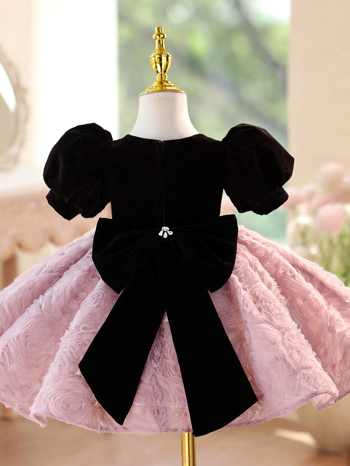Girls' formal dress in pink purple, slim fit, short sleeves, round neck, for piano performance, height size options 90cm to 160cm