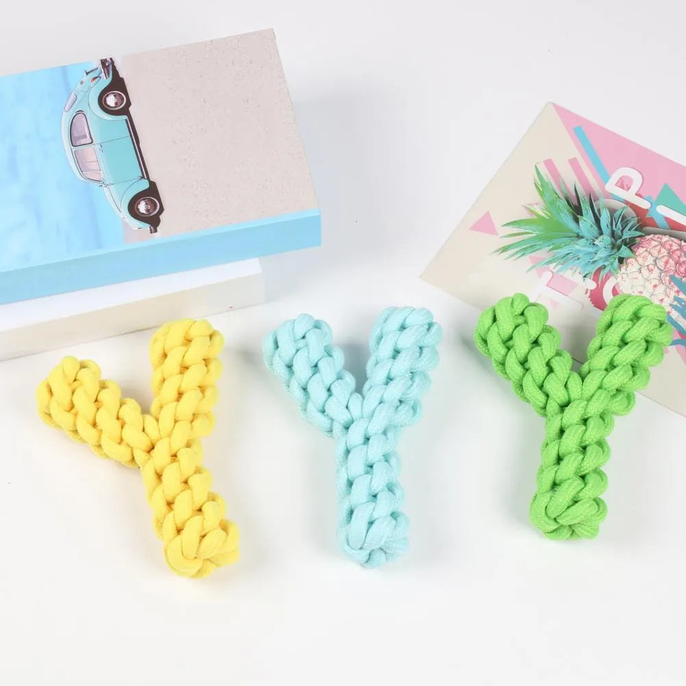 Blue Y-shaped cotton rope dog chew toy for large dogs showing dental health design