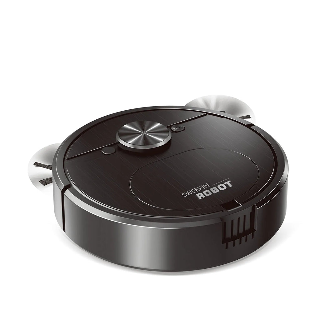 Black or white three-in-one robot vacuum cleaner with sweeping brushes and a mopping attachment.