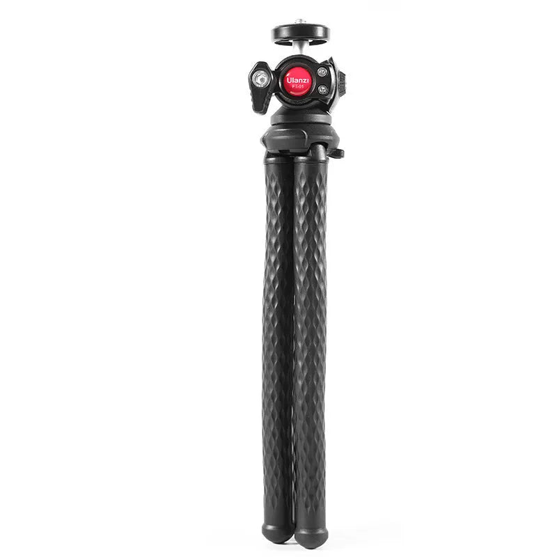 Black FT01 octopus tripod with flexible legs and a silver mobile phone clip attached, extended to 360mm.