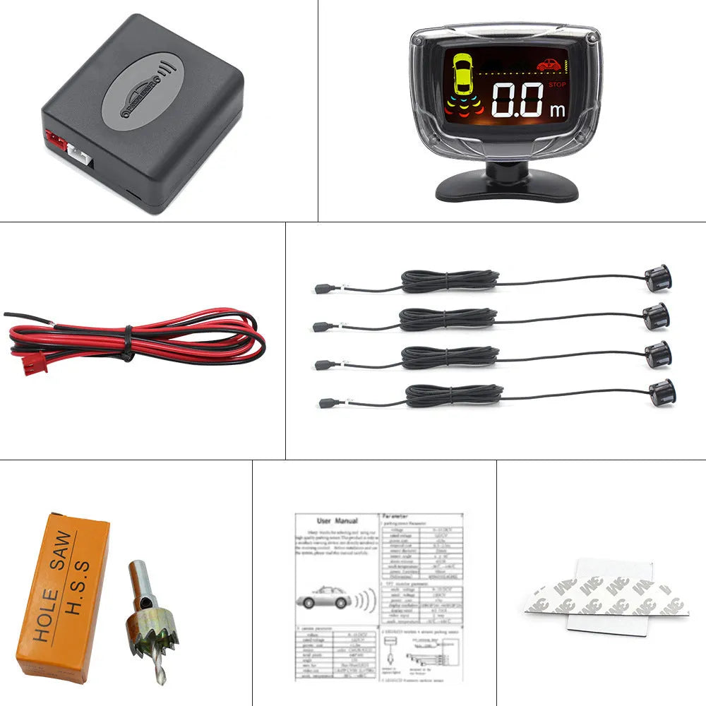 Vehicle reversing sensor system with LED display and four ultrasonic probes
