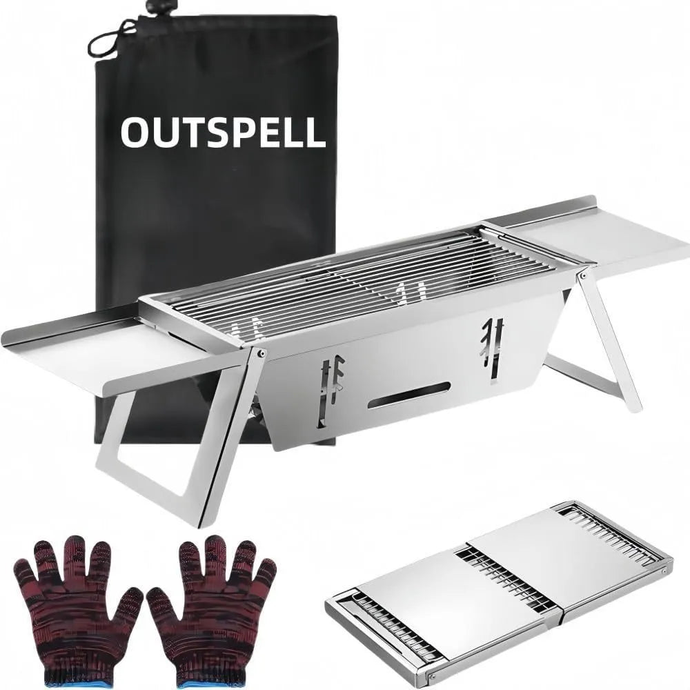 Small foldable portable charcoal grill for outdoor cooking.