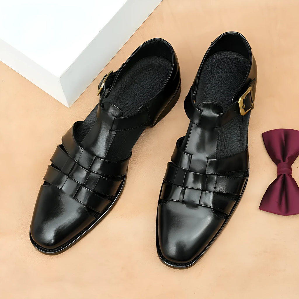 Men's black genuine leather retro sandals with pigskin lining for business casual summer wear