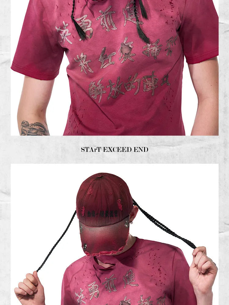 Rose red cotton peaked cap with curved brim and adjustable strap