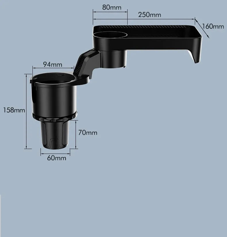 Black ABS car cup holder with removable rotating dinner tray in vehicle