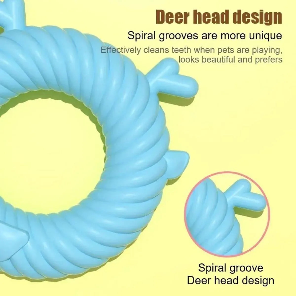 Deer-shaped dog chew toy with spiral grooves in Light Sky Blue, Light Pink, or Avocado Green colours