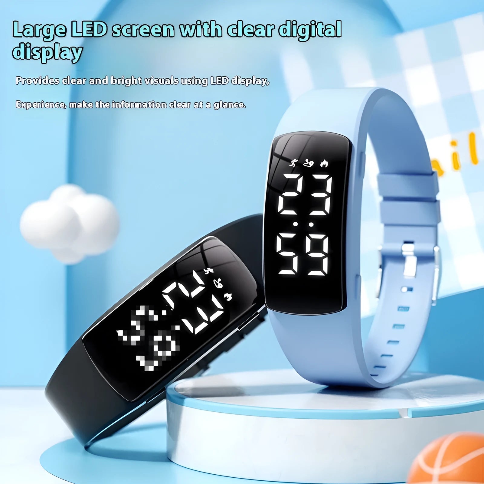 Vibration alarm smart watch with coloured silicone strap and LED display on a wrist.