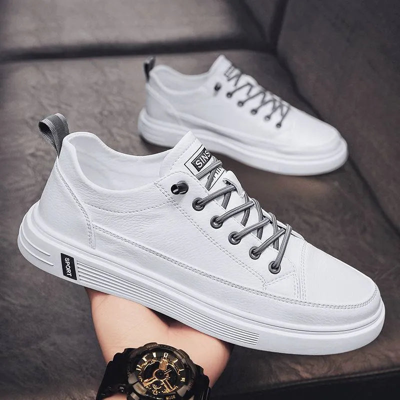 Men's casual flat sole shoes in beige, white, or black with a round toe and shallow opening.