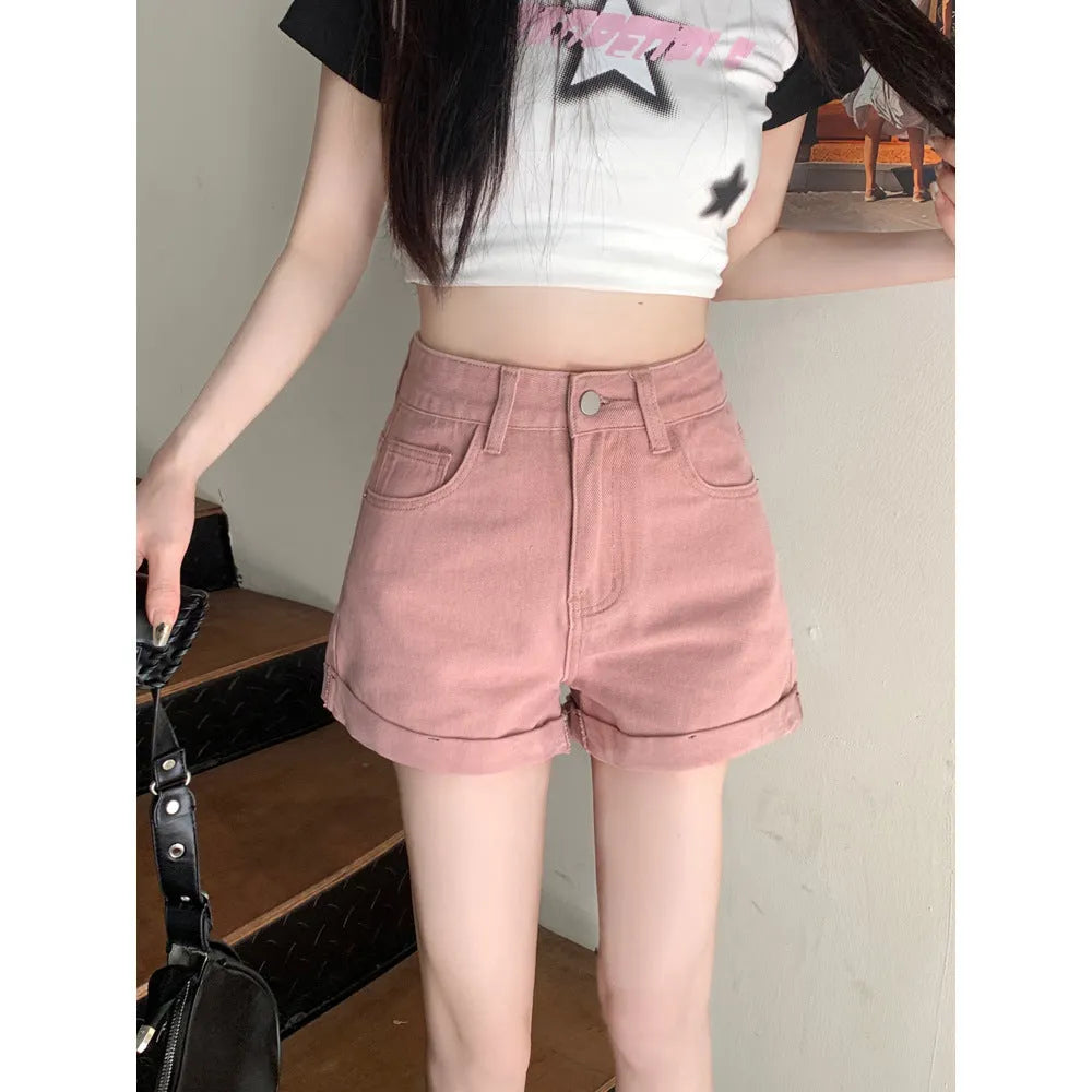 Women's high waist loose cotton denim shorts in khaki, summer casual style