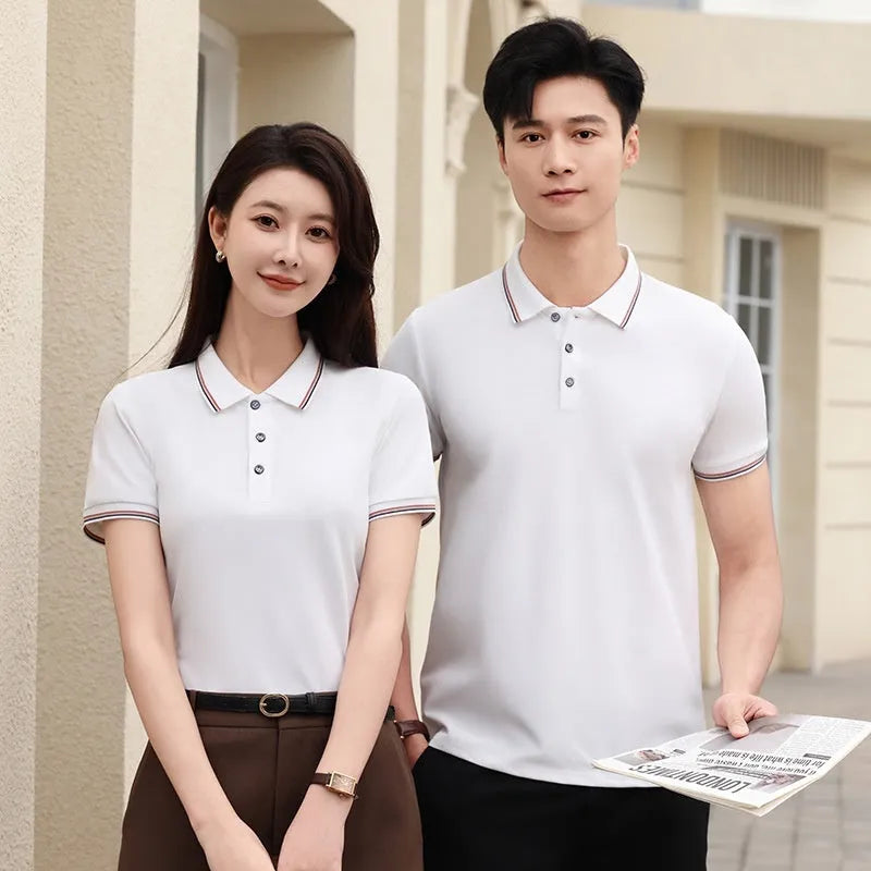 Solid colour ice silk polo shirt on a hanger, showing the collar and placket detail.
