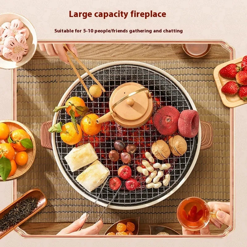 Portable charcoal cooking stove with grill rack disk for indoor and outdoor use.