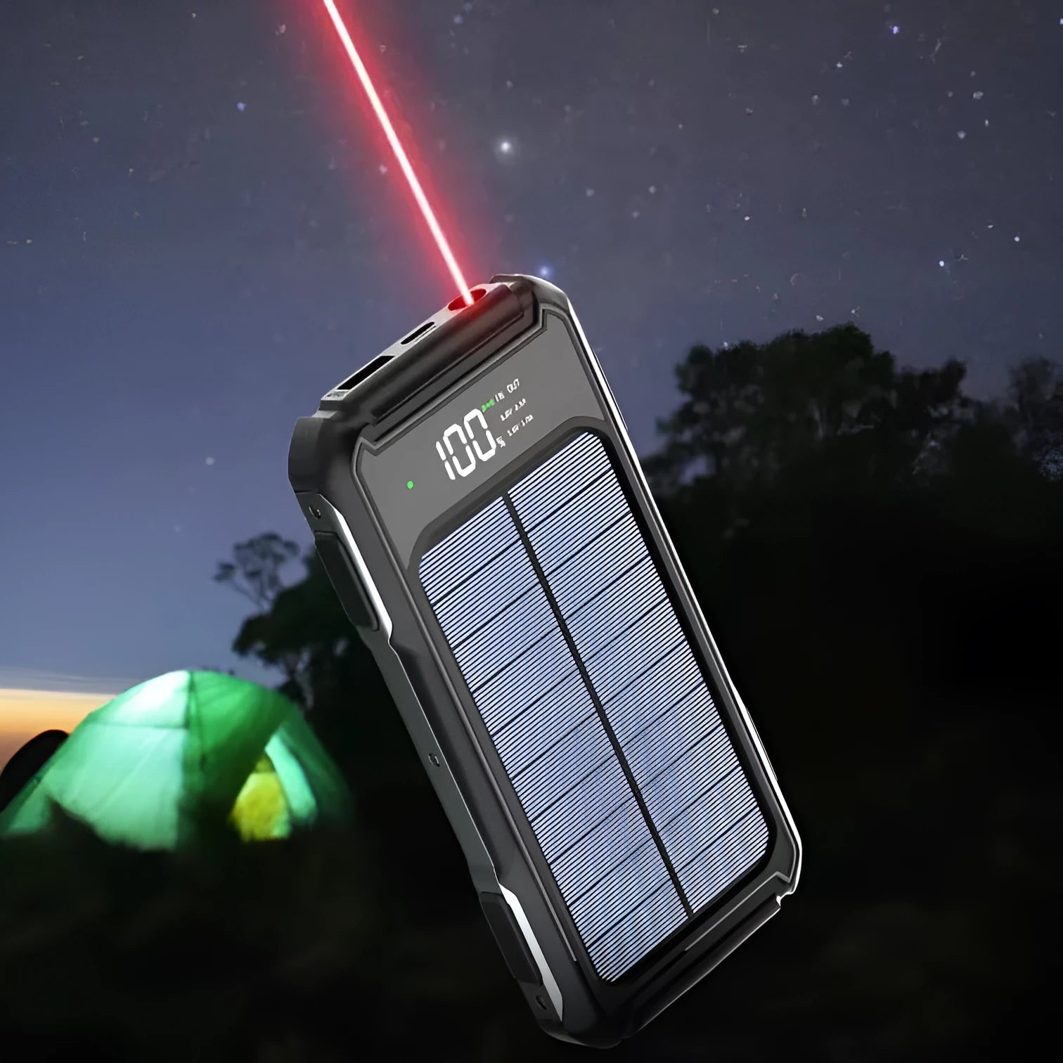 Military grade power bank in black, green, or orange colours showing size and USB port.