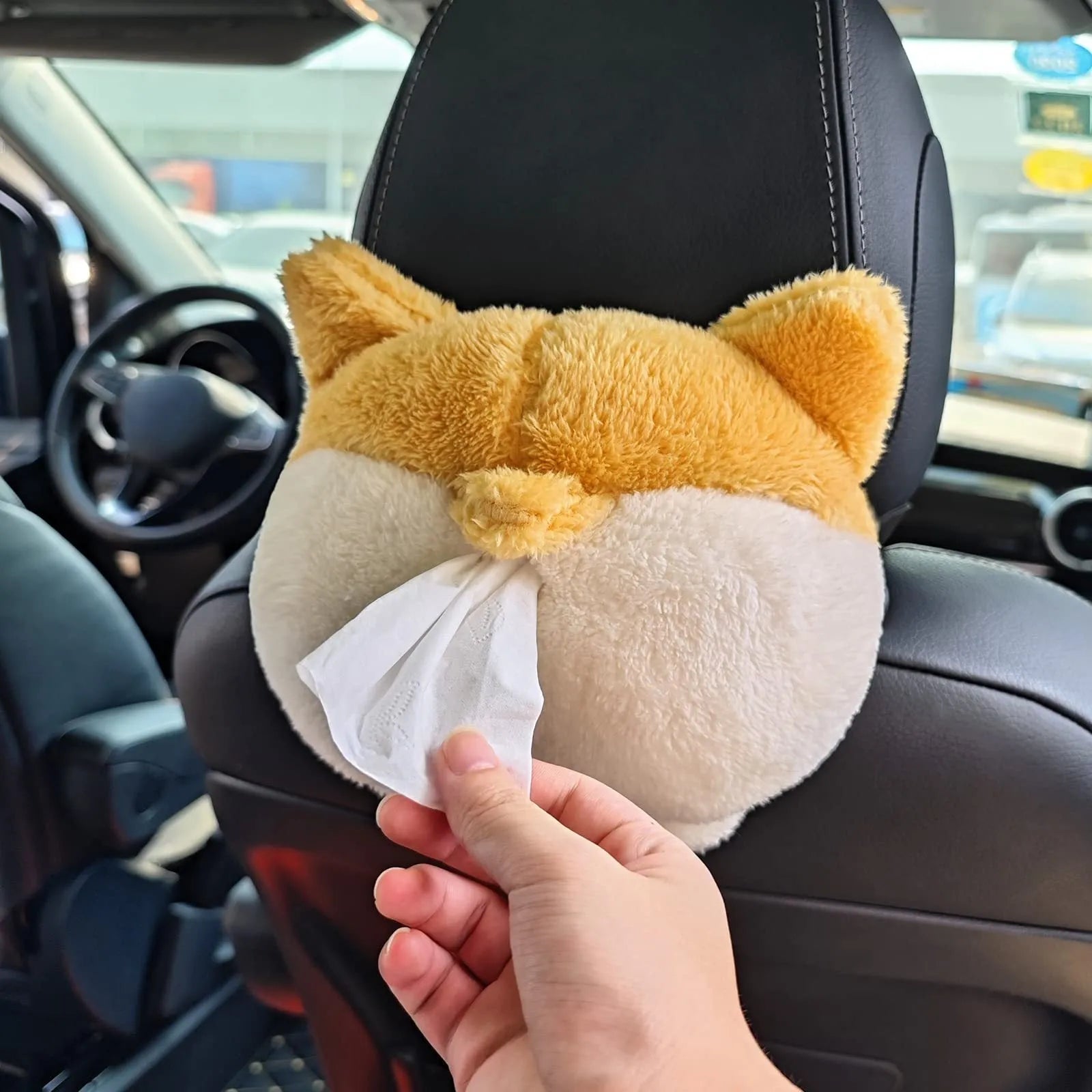 Yellow corgi butt shaped tissue box cover with elastic strap for car visor mounting