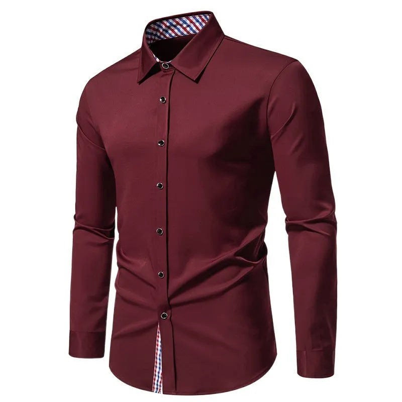 Men's loose fit plaid long sleeve casual shirt in wine red, black, or white.