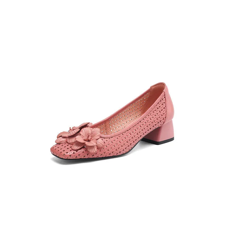 Light brown women's leather pumps with a hollow weave design and a mid-height heel.