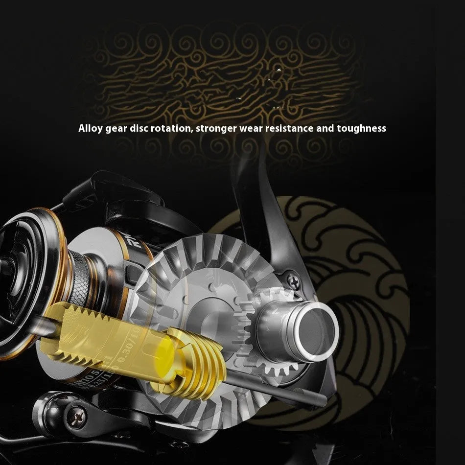 RY series spinning fishing reel with all-metal lure mechanism and black EVA grip handle.