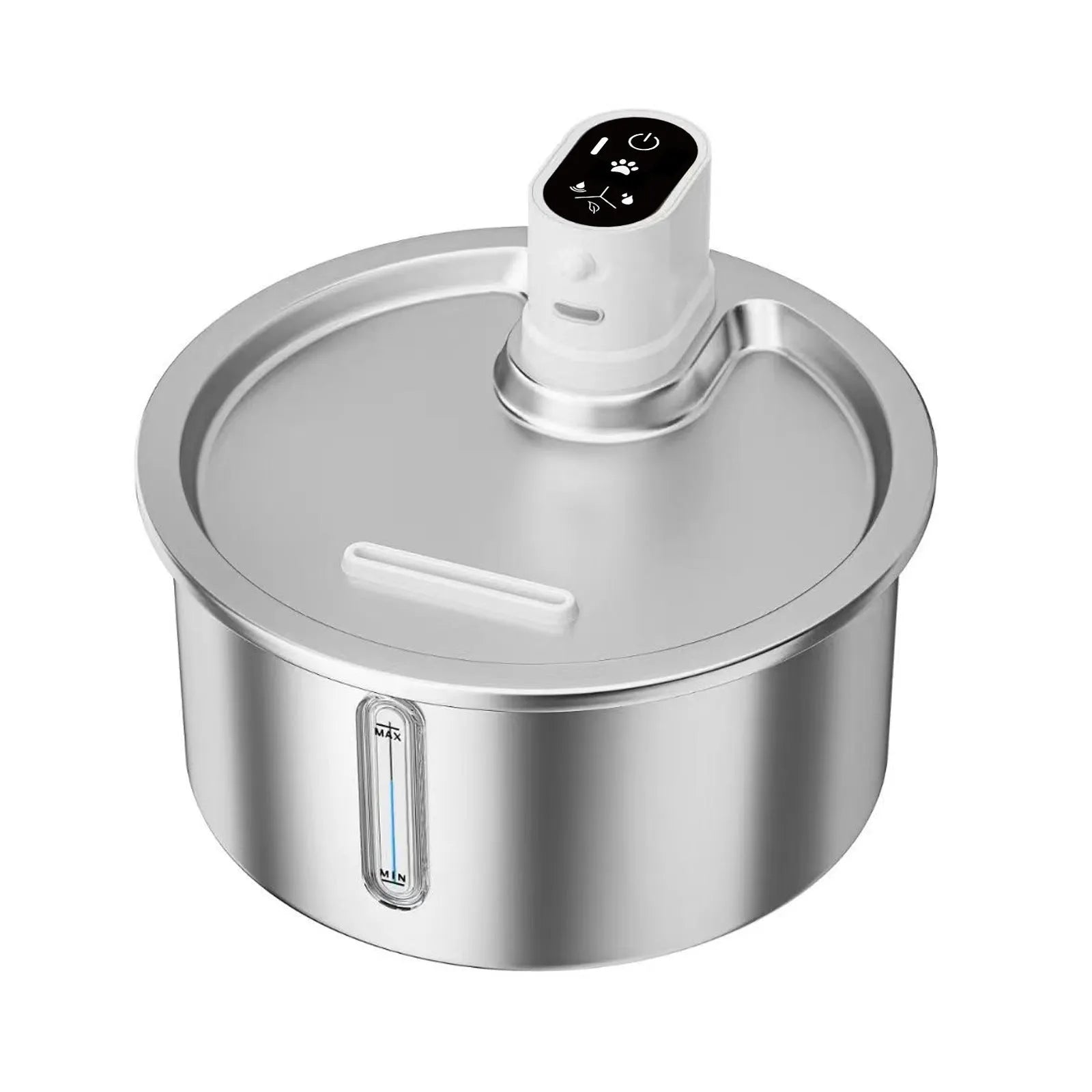 White stainless steel heated pet water fountain with a constant temperature base on a wooden floor.