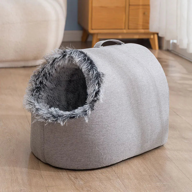 Fleece-lined closed cat nest sleeping bag in grey colour showing enclosed design