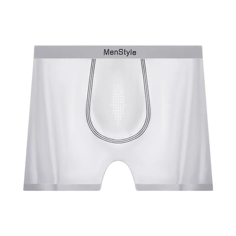 Men's seamless ice silk satin boxers in multiple colours showing mid-waist fit