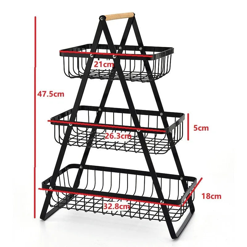 Black iron fruit basket with wooden handle showing detachable double-layer structure
