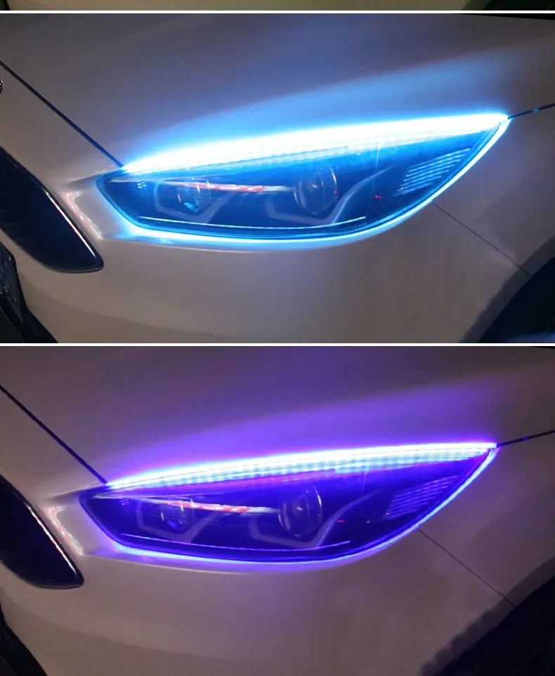 Universal RGB colour-changing LED daytime running light strip with remote control in 30cm, 45cm, and 60cm lengths.