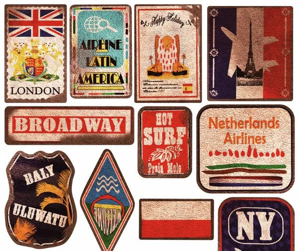 36 retro beach stickers with matte finish on PVC material, showing 6-10cm sizing
