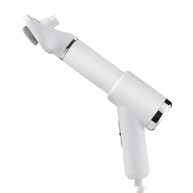 A beige and blue pet hair dryer comb grooming tool with UK plug on a white background.