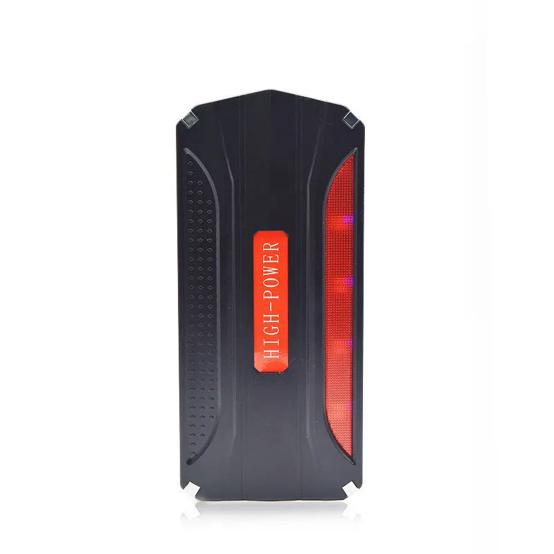 Black and red 12V vehicle emergency jump starter power supply unit.