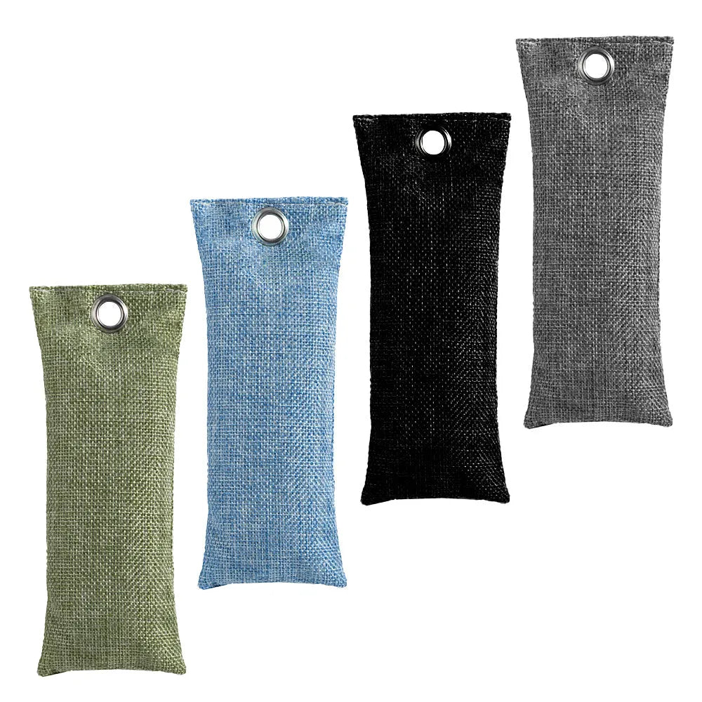 Black activated charcoal deodorising bag made of linen, measuring 16.5cm by 6.5cm.