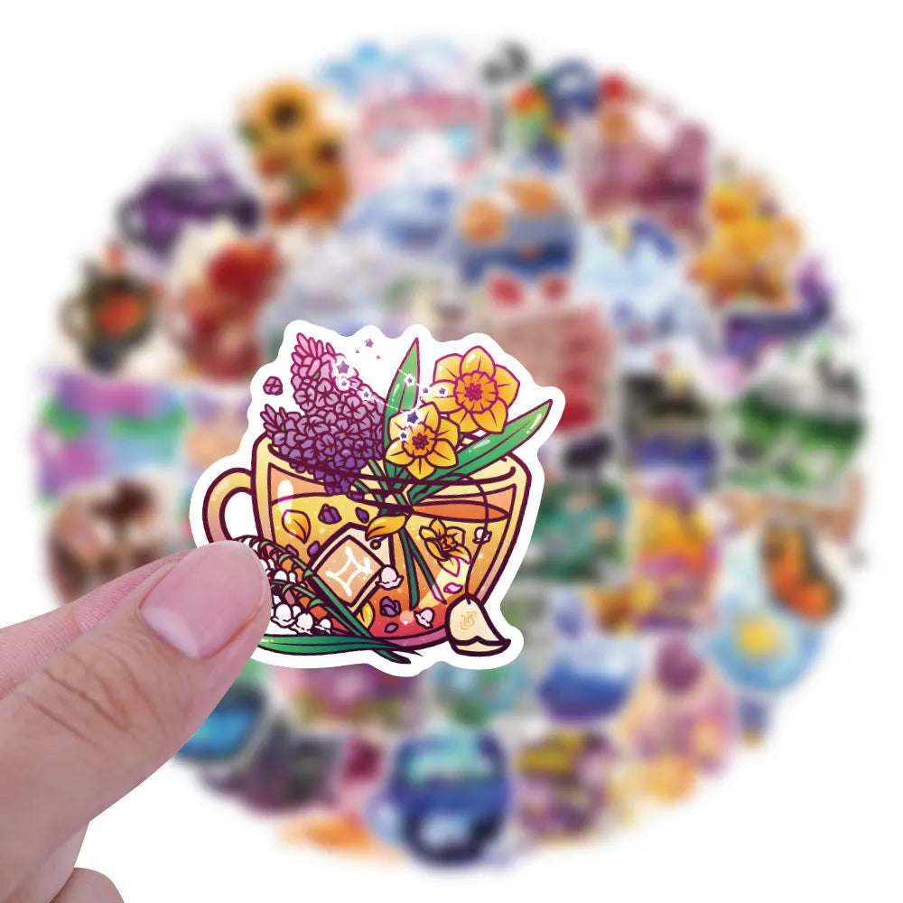 Pack of 50 colourful tea cup design waterproof graffiti stickers for DIY decoration