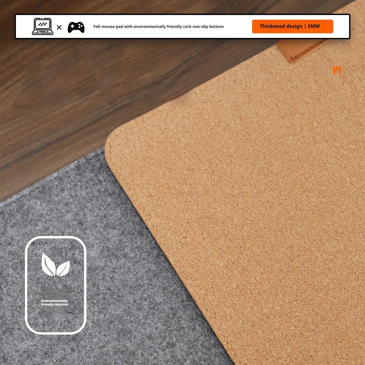 Oversized winter warm desk mat with felt and cork construction on wooden desk