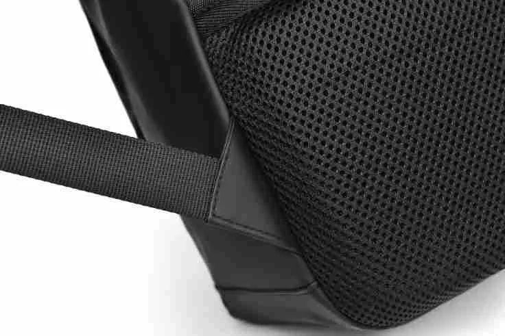 Large black waterproof PU leather backpack for men with simple design and sewing thread details.