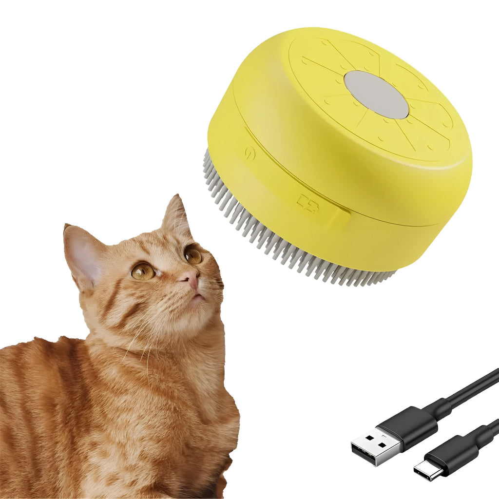 Green and yellow rechargeable cat steam brush with silicone bristles for pet grooming and massage