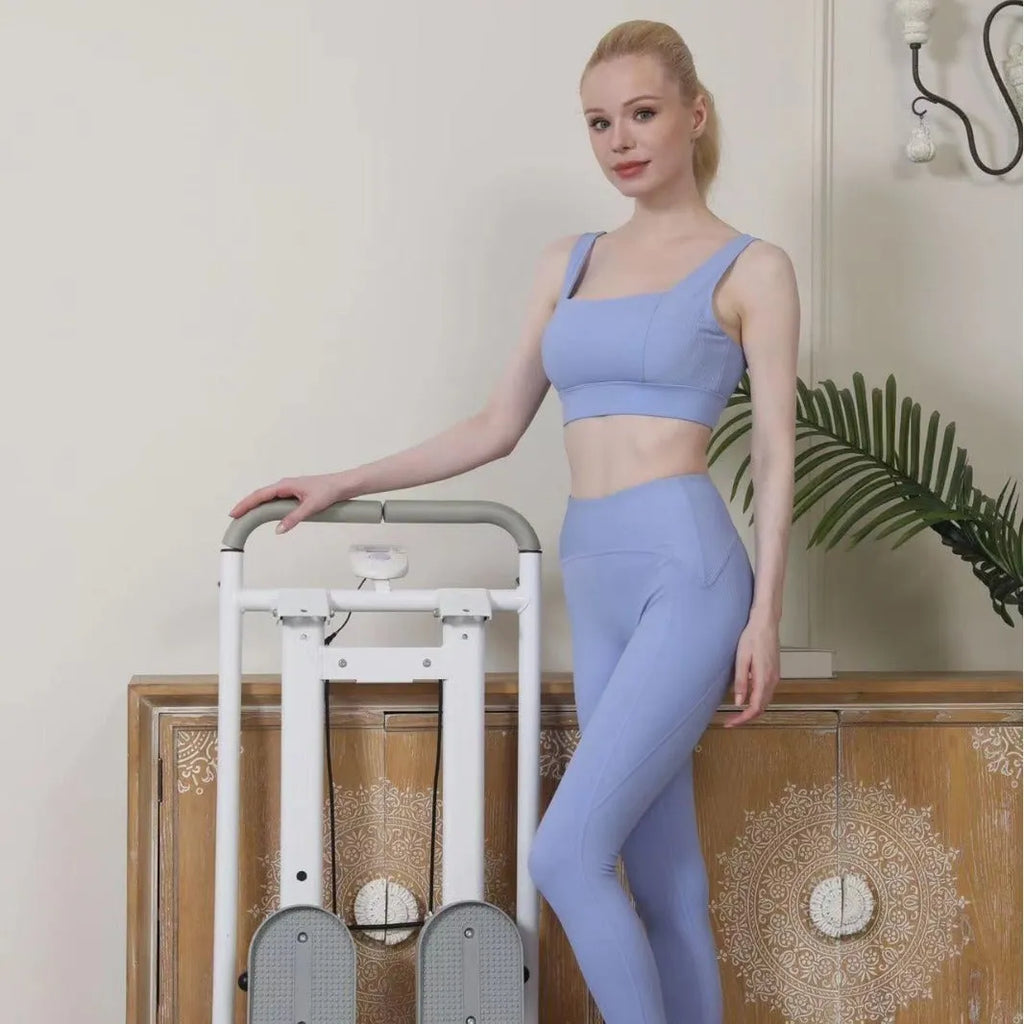 Starlight white foldable treadmill with integrated climbing frame for home fitness