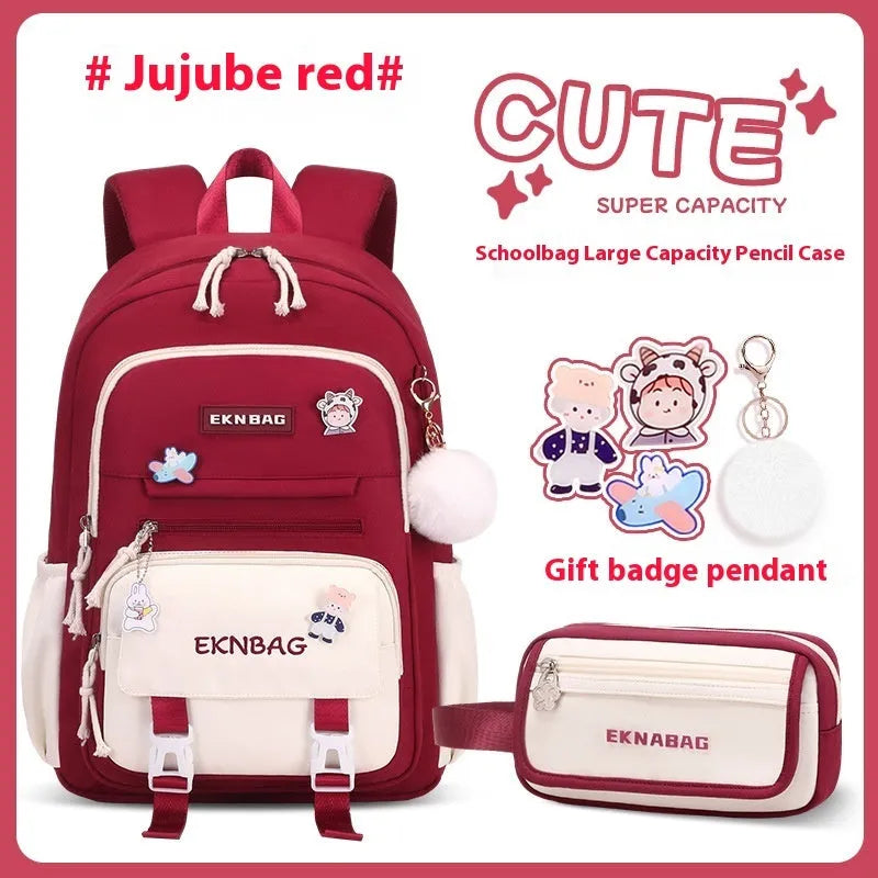Pink waterproof Oxford cloth school backpack for girls with curved shoulder straps