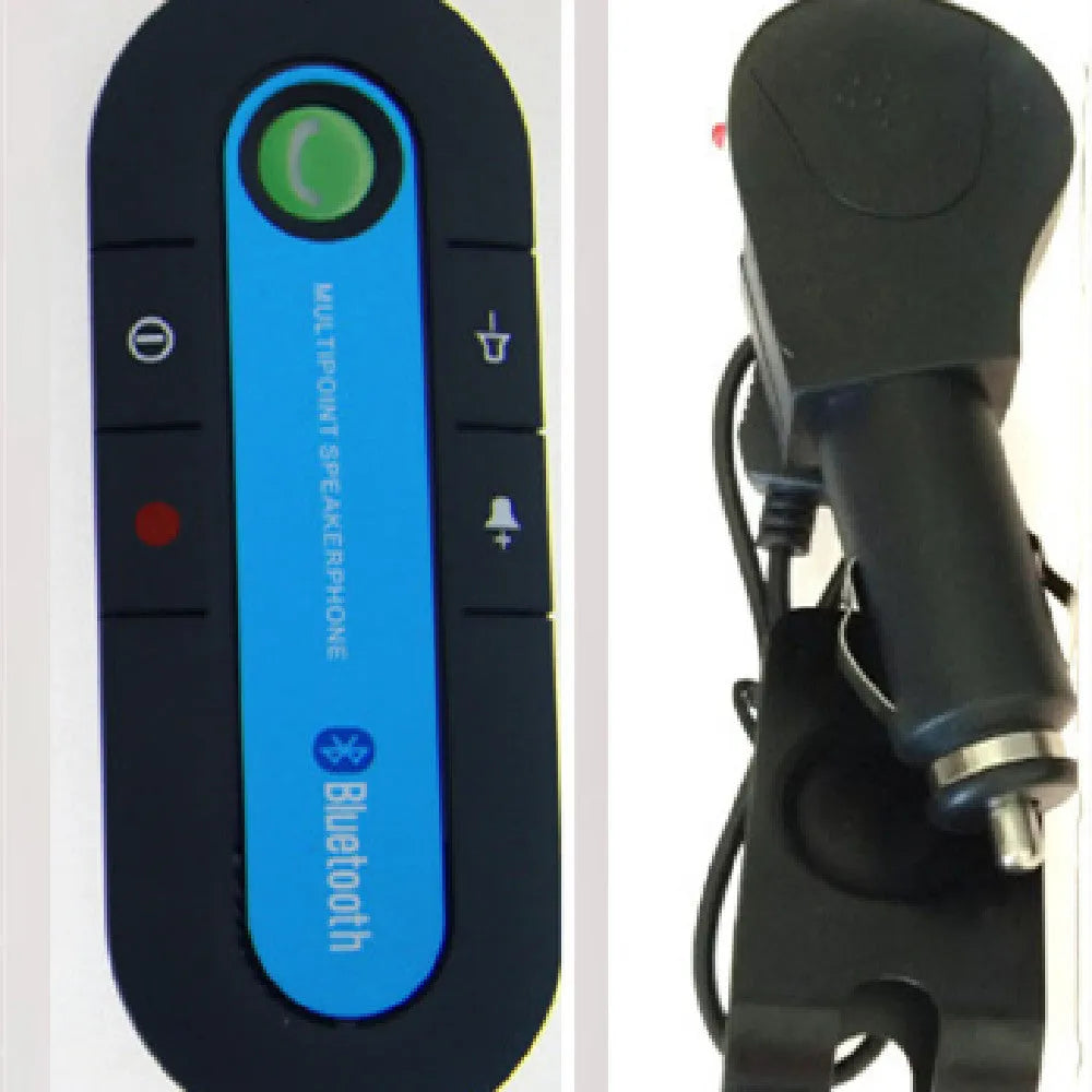 Black vehicle-mounted Bluetooth handsfree device clipped to car sun visor with car charger cable