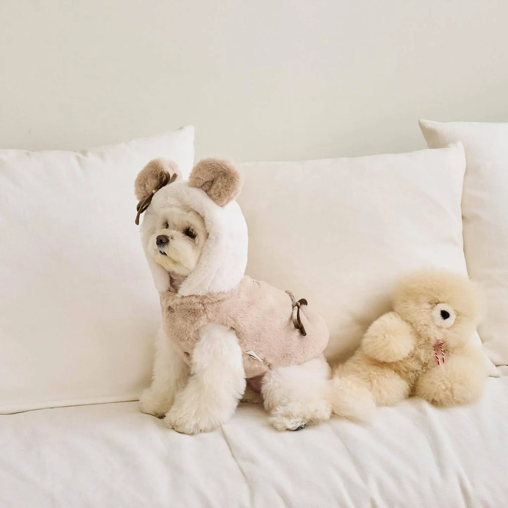 Light pink and light brown polyester warm coat for dogs and cats, shown in sizes XS to XL.
