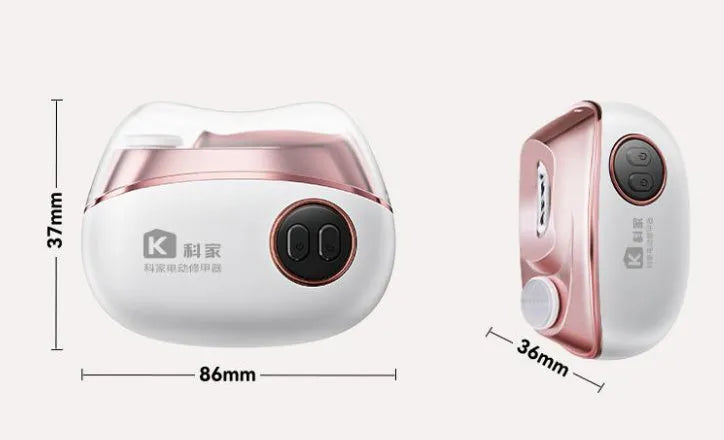 Electric nail clipper and polisher two-in-one device in blue, orange and white colours with Type-C charging cable