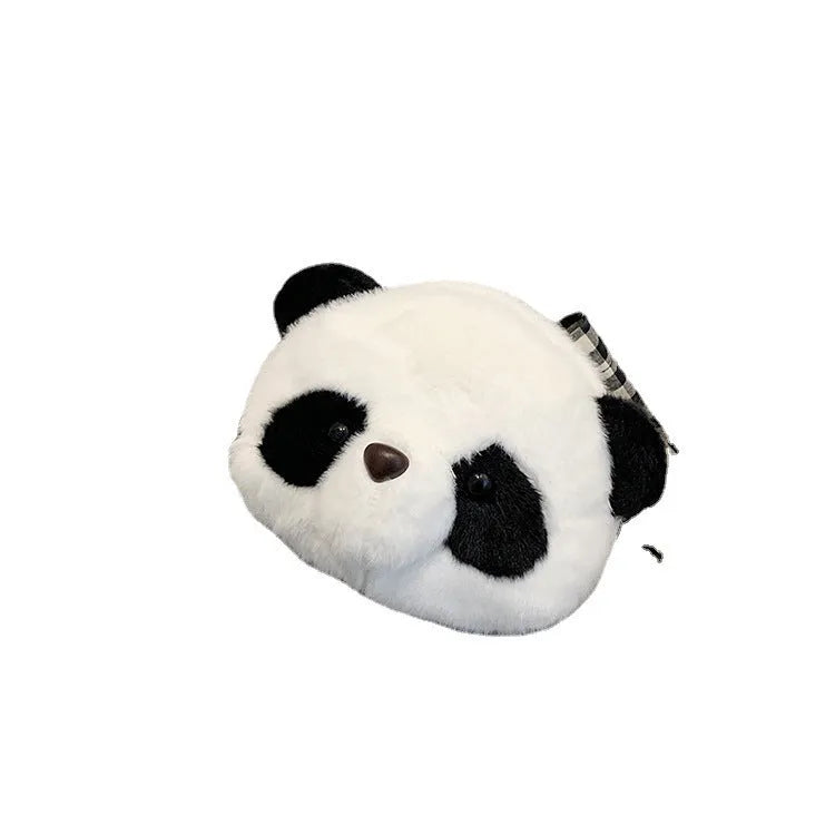 Plush panda head design crossbody bag with cylindrical shape and sandwich pocket
