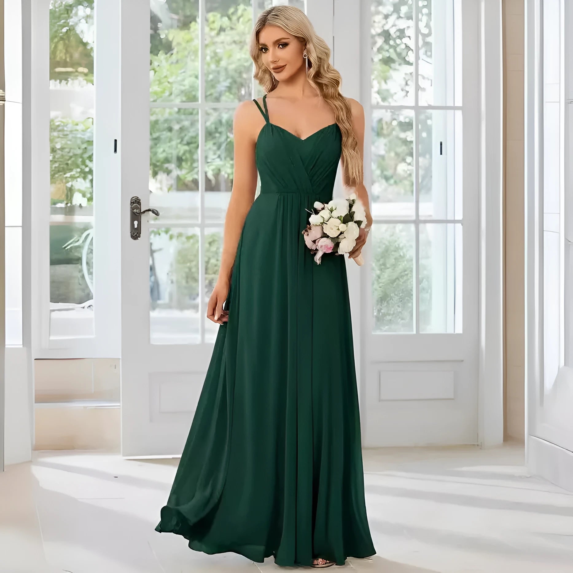 Women's sleeveless long pleated dress in an A-line silhouette, shown in a solid colour.