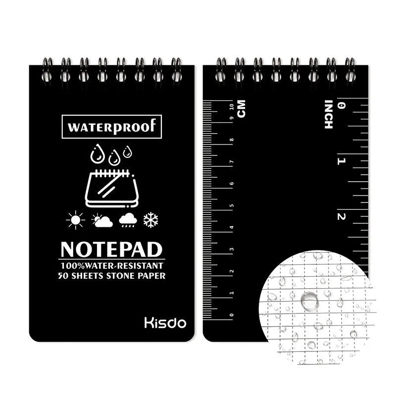 A5 spiral-bound waterproof notepad in camouflage colour, showing PP cover and stone paper pages.
