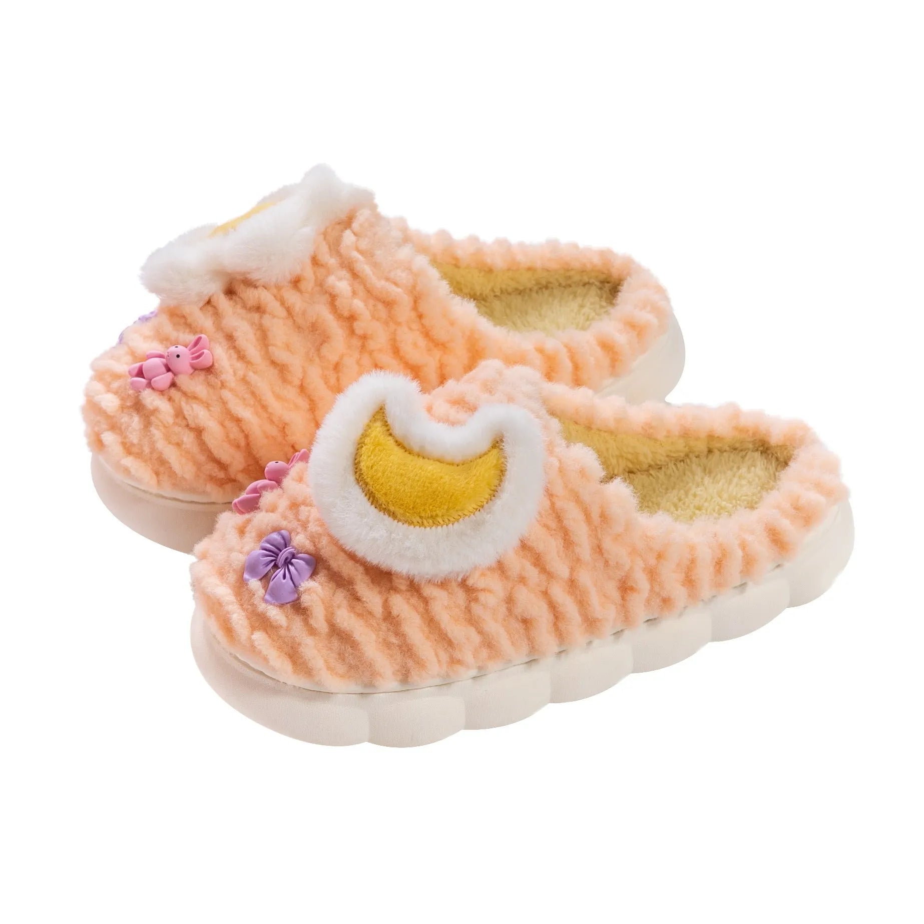 Light blue cartoon animal pattern women's fleece-lined slippers with round toe and PVC sole.