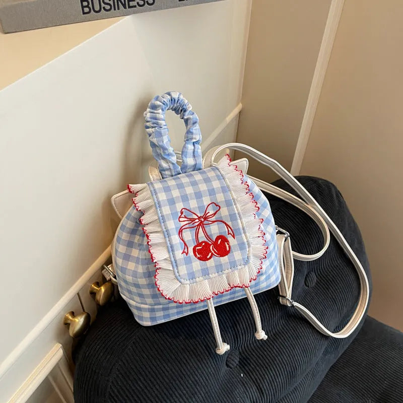 Sweet lace mini checkered backpack in cotton plaid with three-dimensional outer pocket and zipper interior